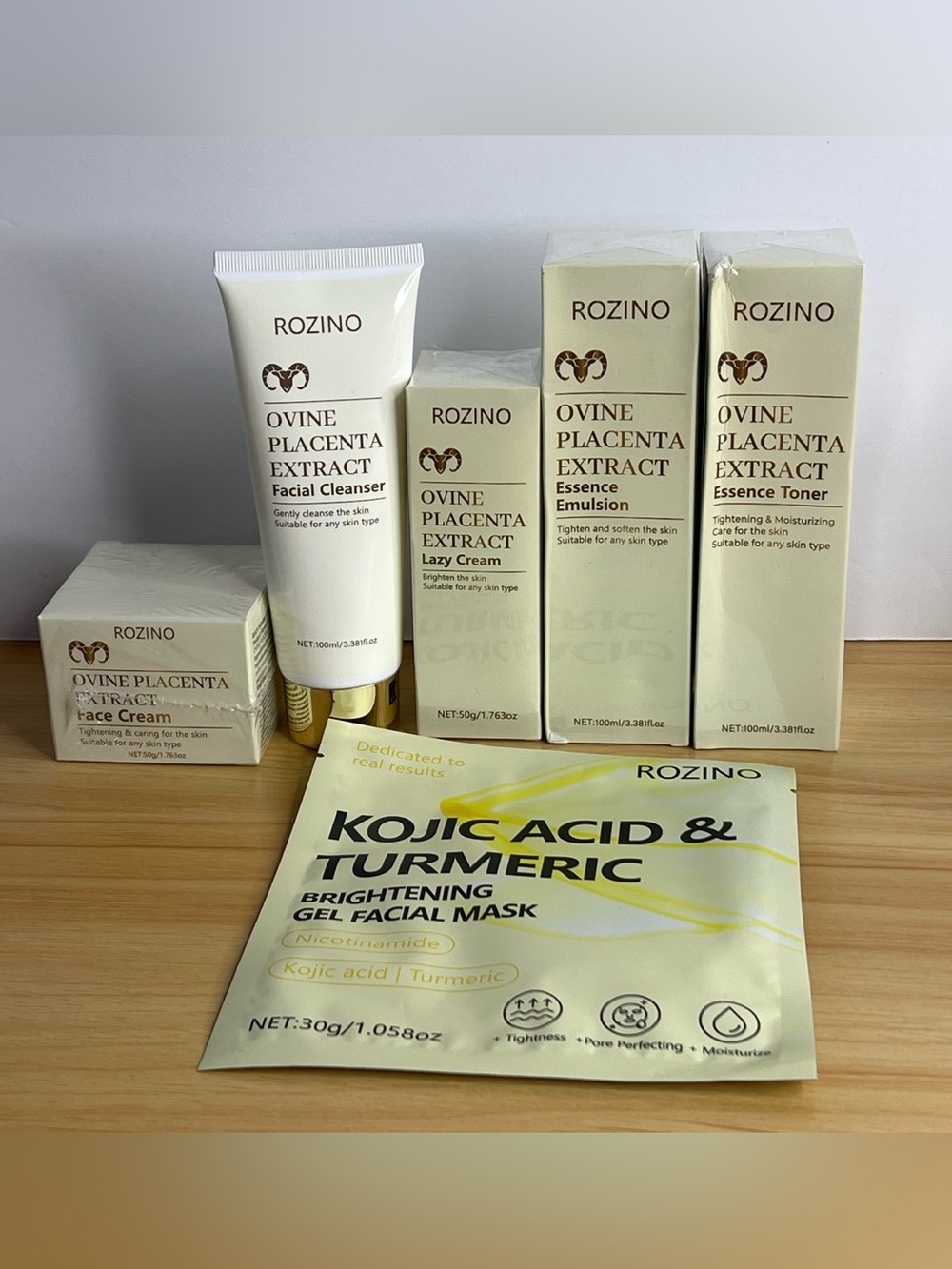 ROZINO Ovine Placenta Extract Skincare Set - Cream, Cleanser, Toner (Cream/Beige